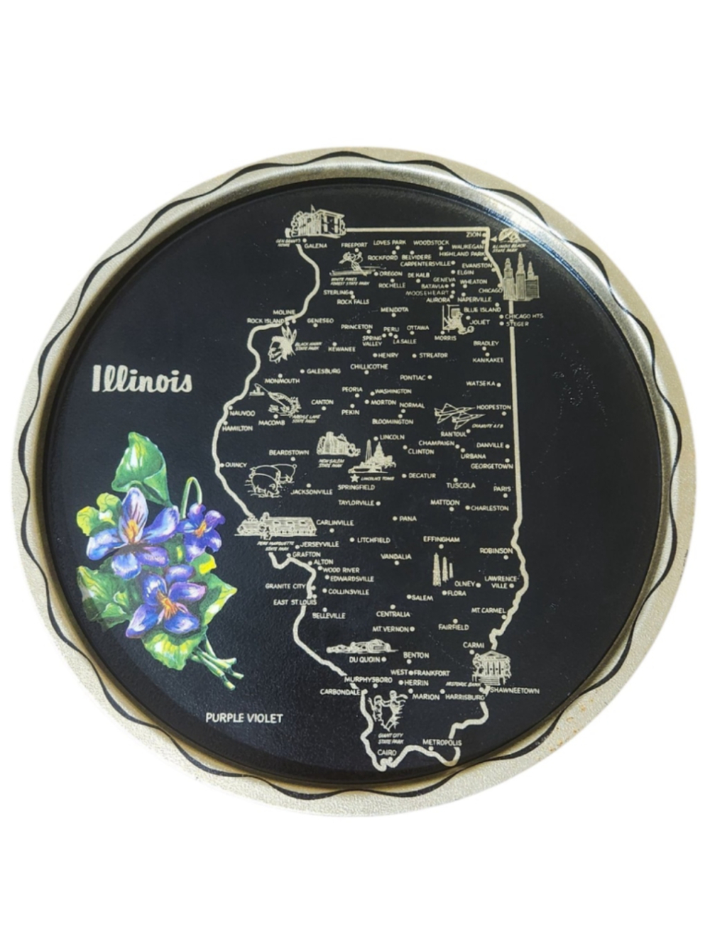 1950’s ILLINOIS USA State Souvenir Metal Round Map Graphic Tray Violet Flower